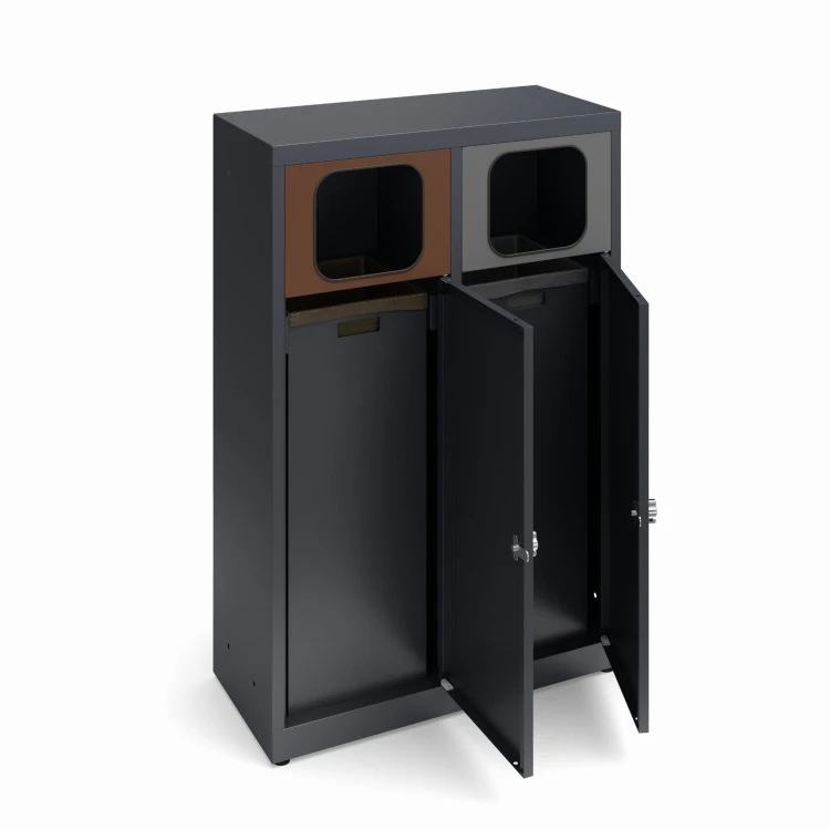 Kosz do segregacji ANT-3 z ramką na worki lub z pojemnikami RAL7024 otwarty