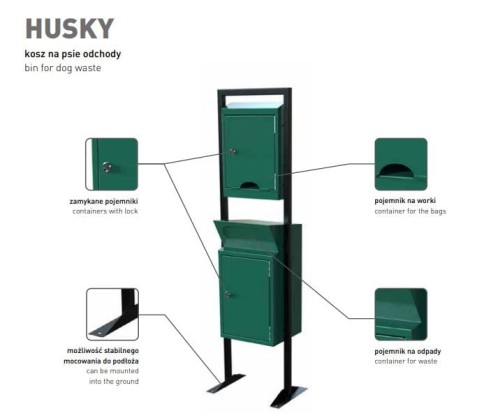 Psia stacja Husky z pojemnikiem na worki