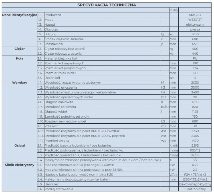 Elektryczny wózek podnośnikowy WESJ12T o wysokości podnoszenia 3,3 m