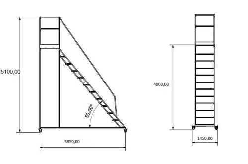 Wymiary rysunek Drabina jezdna podest jezdny 4m 15+1