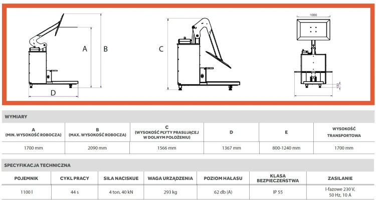 ORWAK Flex 1100 kompaktor do pojemników 1100 litrów wymiary.webp