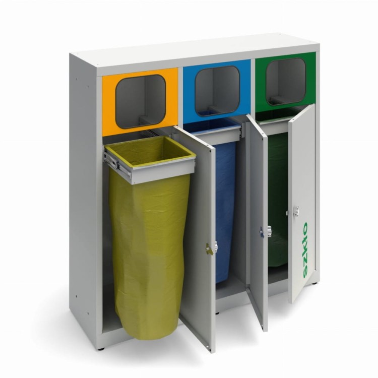 Kosz do segregacji ANT-3 z ramką na worki lub z pojemnikami RAL7035 otwarte