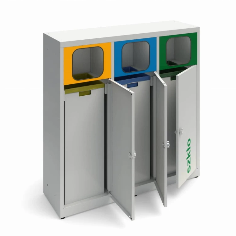 PSO_nowe_otw_kosz_7035.jpgKosz do segregacji ANT-3 z ramką na worki lub z pojemnikami RAL7035, drzwiczki otwarte