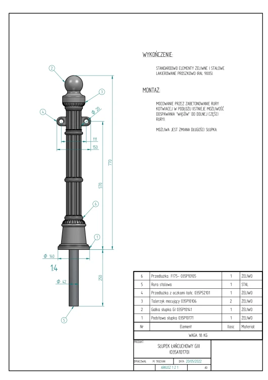 Czarny słupek łańcuchowy GIII wysokość 77 cm