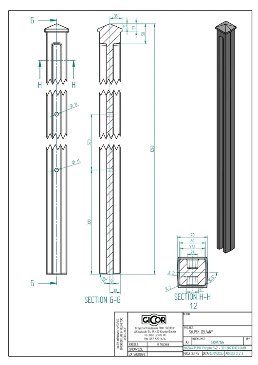 Przęsło żeliwne z profilowanymi słupkami 70 x 70 mm