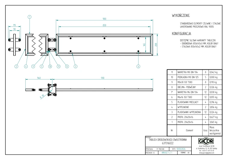 Dwustronna tablica drogowskazu Gicor 900x200 mm