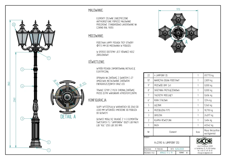 Klasyczna żeliwna lampa stojąca do ogrodu i parku