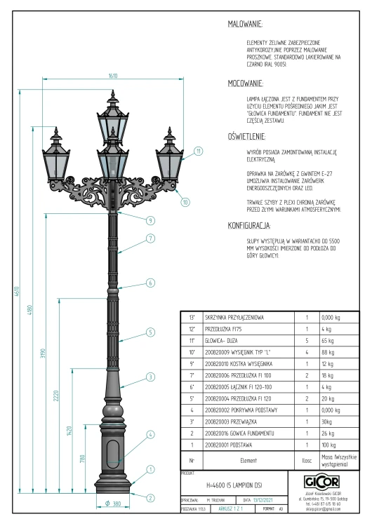 Lampa żeliwna ogrodowa GII o wysokości 4000 mm