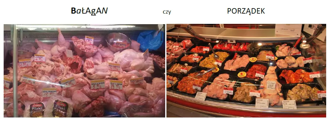 Porównanie bałaganu i porządku w ladzie chłodniczej