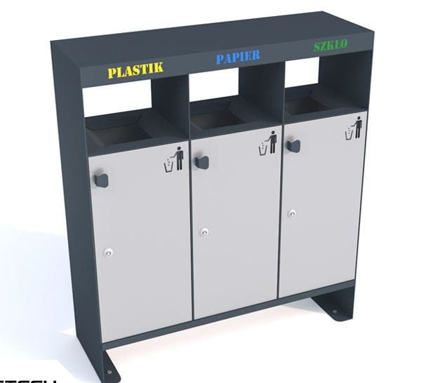 Kosz do segregacji odpadów Aster III 3X40l, stal ocynkowana malowana, napisy wycinka laserowa   