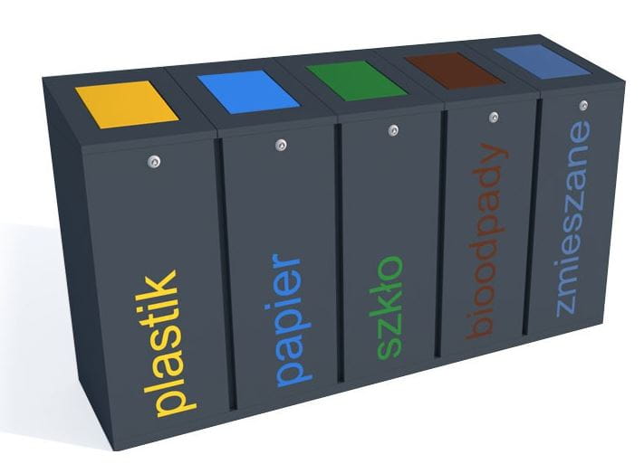 Kosz do segregacji odpadów Satis skośny Va 5x60 l, stal ocynkowana malowana