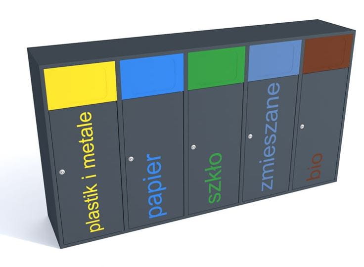 Kosz do segregacji odpadów Etna V 5x80 l z klapkami, napisy sitodruk