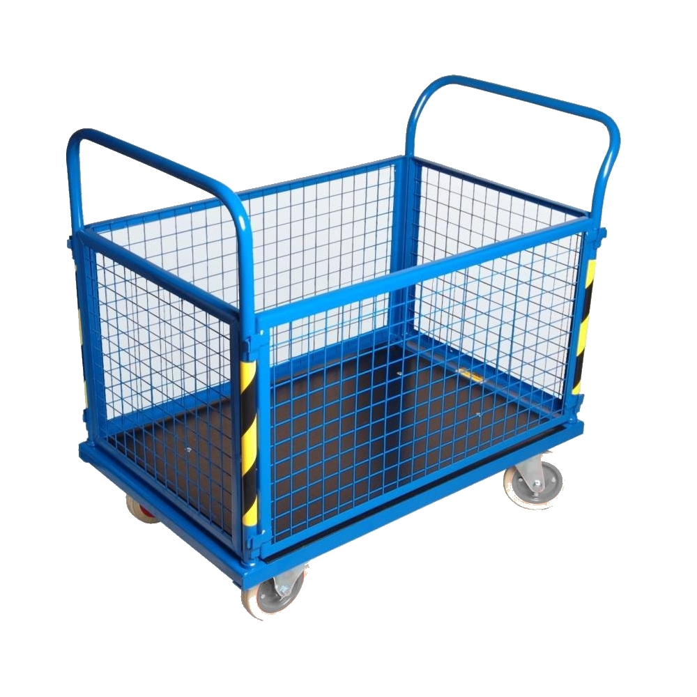 Wózek platformowy, transportowy, magazynowy, ROMEK VII 1250x630, zabudowany siatką   