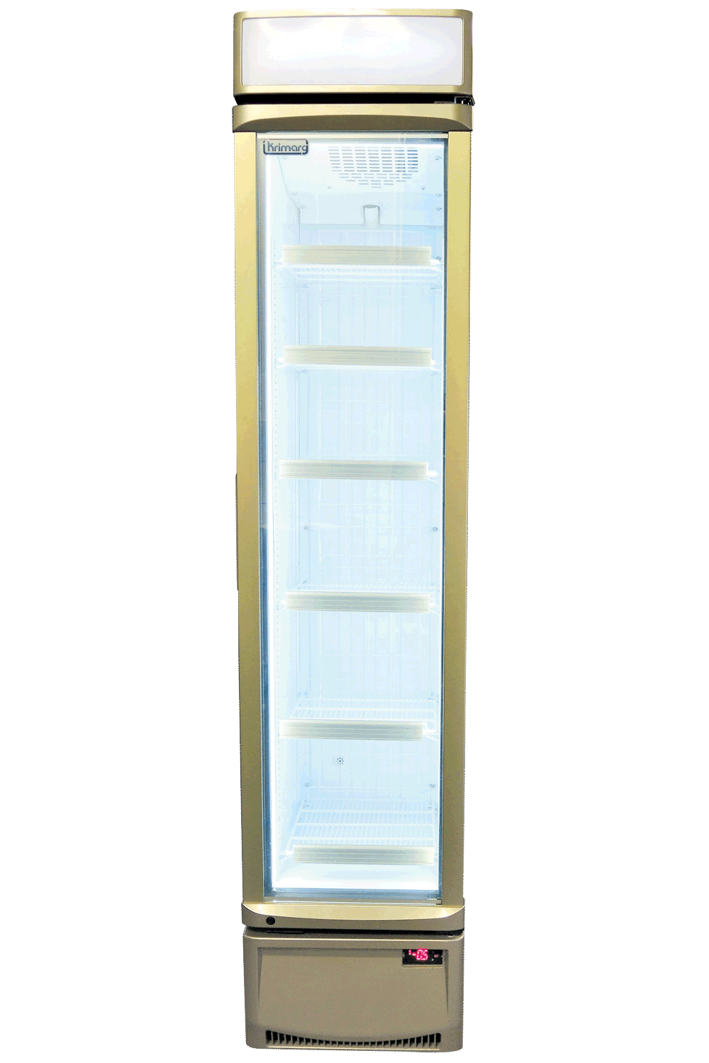 Szafa mroźnicza zamrażarka wertykalna 208 litrów, 406x585 mm, przeszklone drzwi, złota