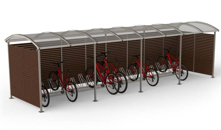 Wiata rowerowa "Zorza" zabudowana, ściany drewno, na 20 rowerów, ocynkowana ogniowo 