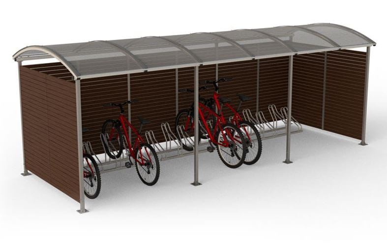 Wiata rowerowa "Zorza" zabudowana, ściany drewno, na 15 rowerów, ocynkowana i malowana