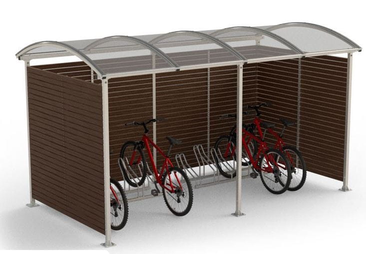 Wiata rowerowa "Zorza" zabudowana, ściany drewno, na 10 rowerów, stal nierdzewna
