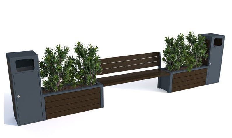 Zestaw mebli miejskich, ławka z oparciem + 2 donice + 2 kosze na śmieci