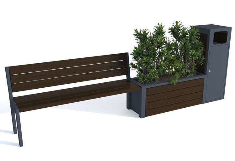 Zestaw mebli miejskich, ławka z oparciem + donica + kosz na śmieci 