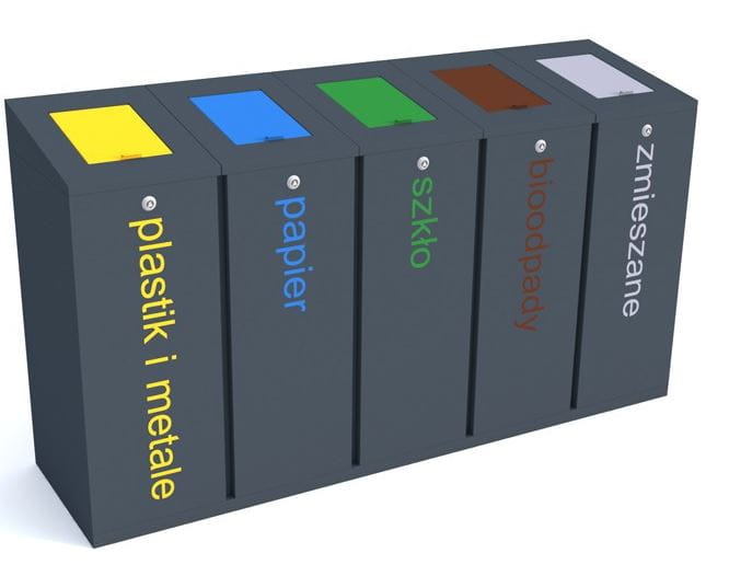 Kosz do segregacji odpadów Satis skośny Vb 5x60 l z klapkami, napisy folia samoprzylepna