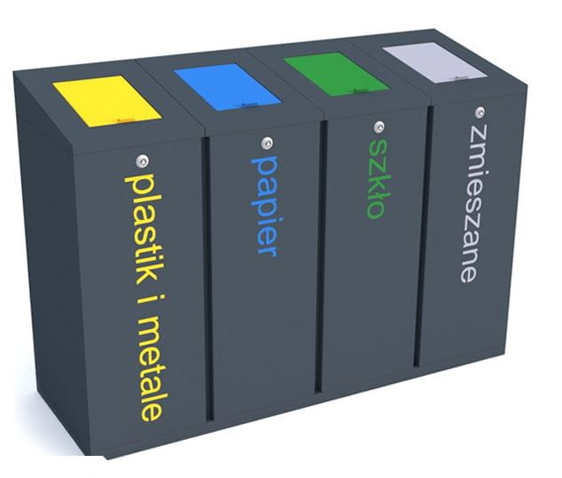 Kosz do segregacji odpadów Satis skośny IVb 4x60 l z klapkami, napisy folia samoprzylepna