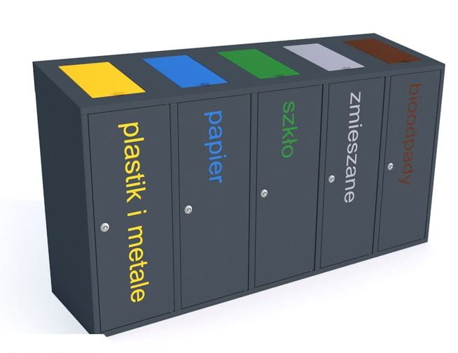 Kosz do segregacji odpadów Etna V skośny 5x40 l z klapkami, napisy folia samoprzylepna