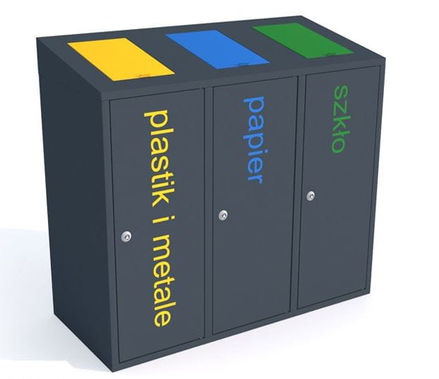 Kosz do segregacji odpadów Etna III skośny 3x40 l z klapkami, napisy folia samoprzylepna