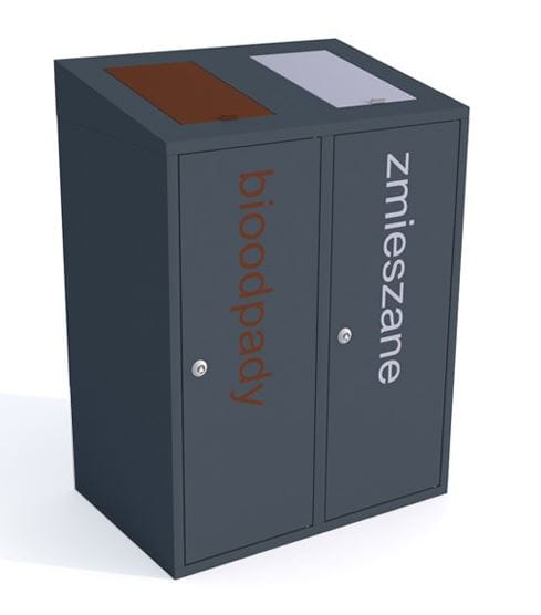 Kosz do segregacji odpadów Etna II skośny 2x40 l z klapkami, napisy folia samoprzylepna