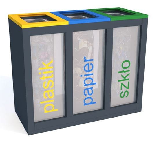 Kosz do segregacji Satis III 3x60 l, przezroczysty, antyterrorystyczny, stal ocynkowana malowana