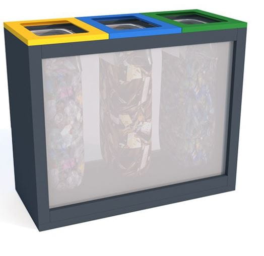 Kosz do segregacji Satis III 3x60 l niedzielony, przezroczysty, antyterrorystyczny, stal ocynkowana malowana