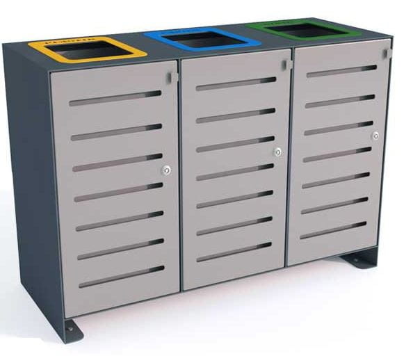 Kosz do segregacji odpadów Ajaks IV 3x80 l, napisy wycinka laserowa, stal ocynkowana malowana