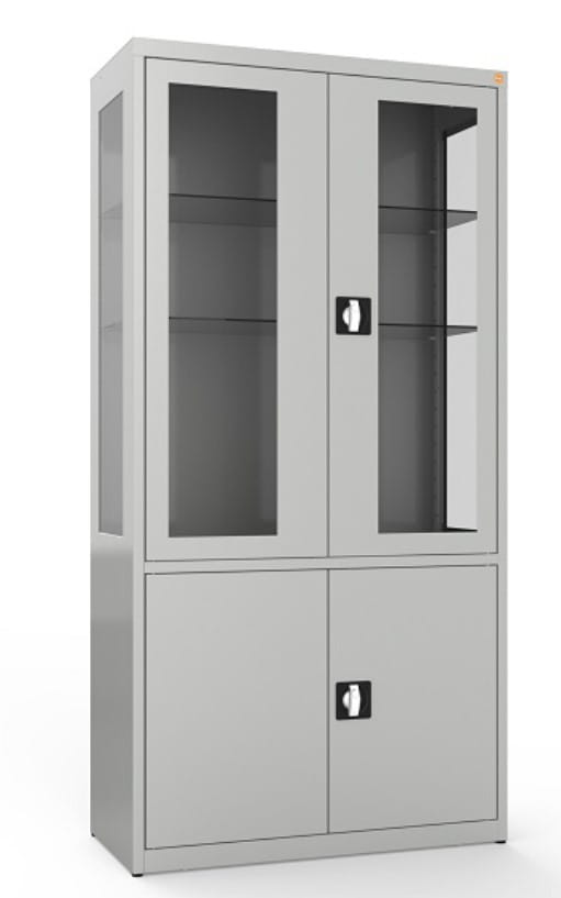 Szafa medyczna dwuskrzydłowa, dwudzielna, dwukomorowa, drzwi górne i boki przeszklone MDBW/2s