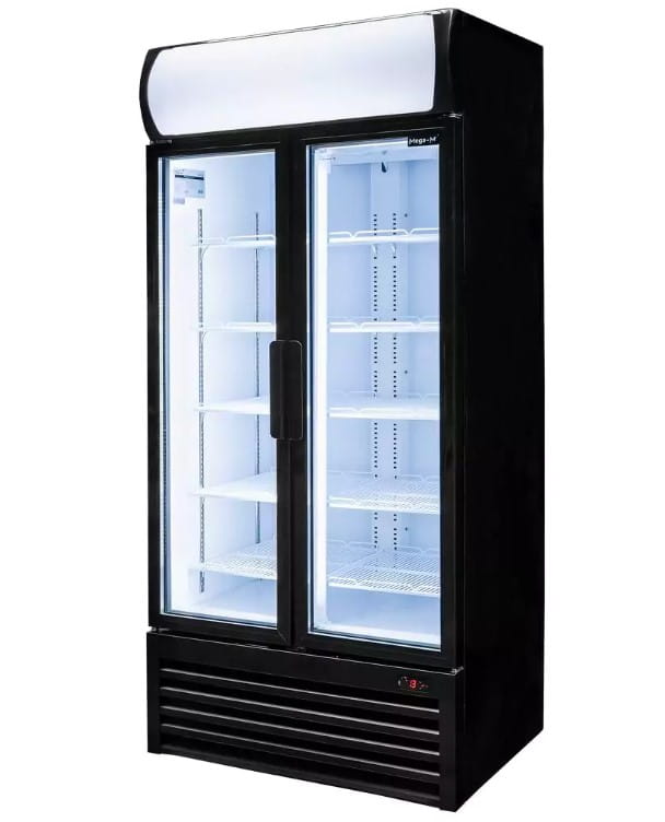Witryna chłodnicza 2-drzwiowa Mega-M RICO i88 oświetlenie LED podświetlany górny plafon reklamowy