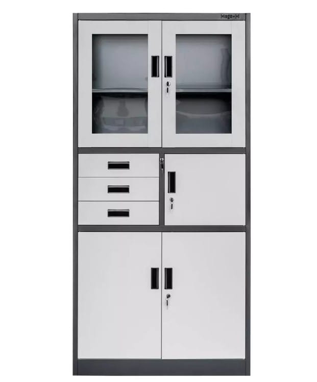 Szafa biurowa metalowa na akta Mega-M WENUS przeszklone drzwi 4 szuflady S- 90 cm G- 40 cm H-185 cm grafitowa szary front