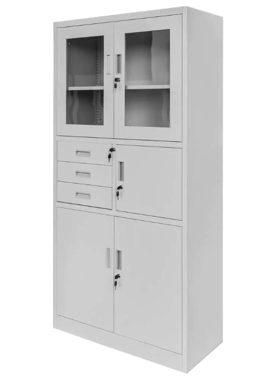 Szafa biurowa metalowa na akta Mega-M WENUS przeszklone drzwi sejf S- 90 cm G- 40 cm H-185 cm szara skręcana