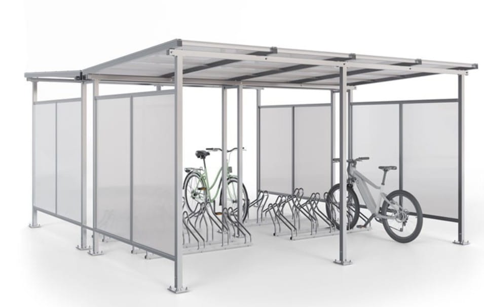 Wiata rowerowa "Zorza II" obustronna na 20 rowerów / 420cm stal ocynkowana, poliwęglan komorowy