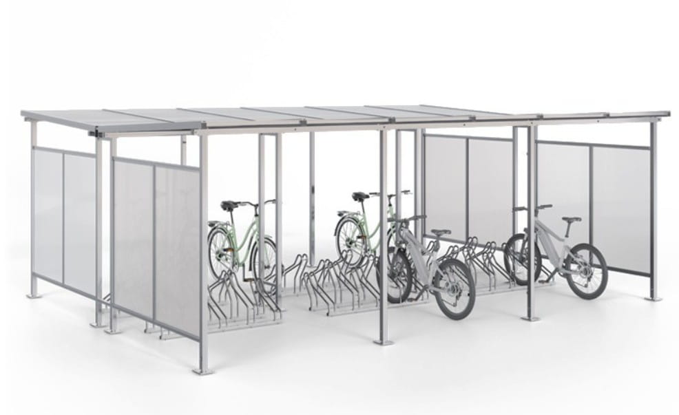 Wiata rowerowa "Zorza II" obustronna na 30 rowerów / 630cm stal ocynkowana poliwęglan komorowy