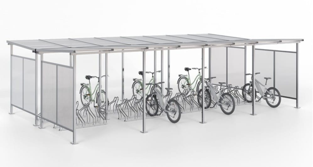 Wiata rowerowa "Zorza II" obustronna na 40 rowerów / 840cm stal ocynkowana poliwęglan komorowy