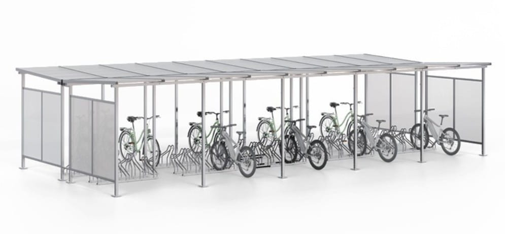 Wiata rowerowa "Zorza II" obustronna na 50 rowerów / 1050cm stal ocynkowana poliwęglan komorowy