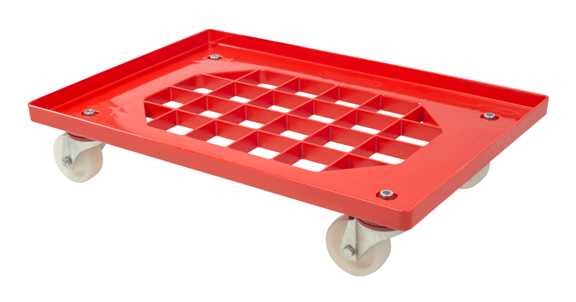 Wzmacniany wózek transportowy na skrzynki z mięsem z owocami i warzywami 61,5 x 41,5 cm, wys 15 cm, czerwony