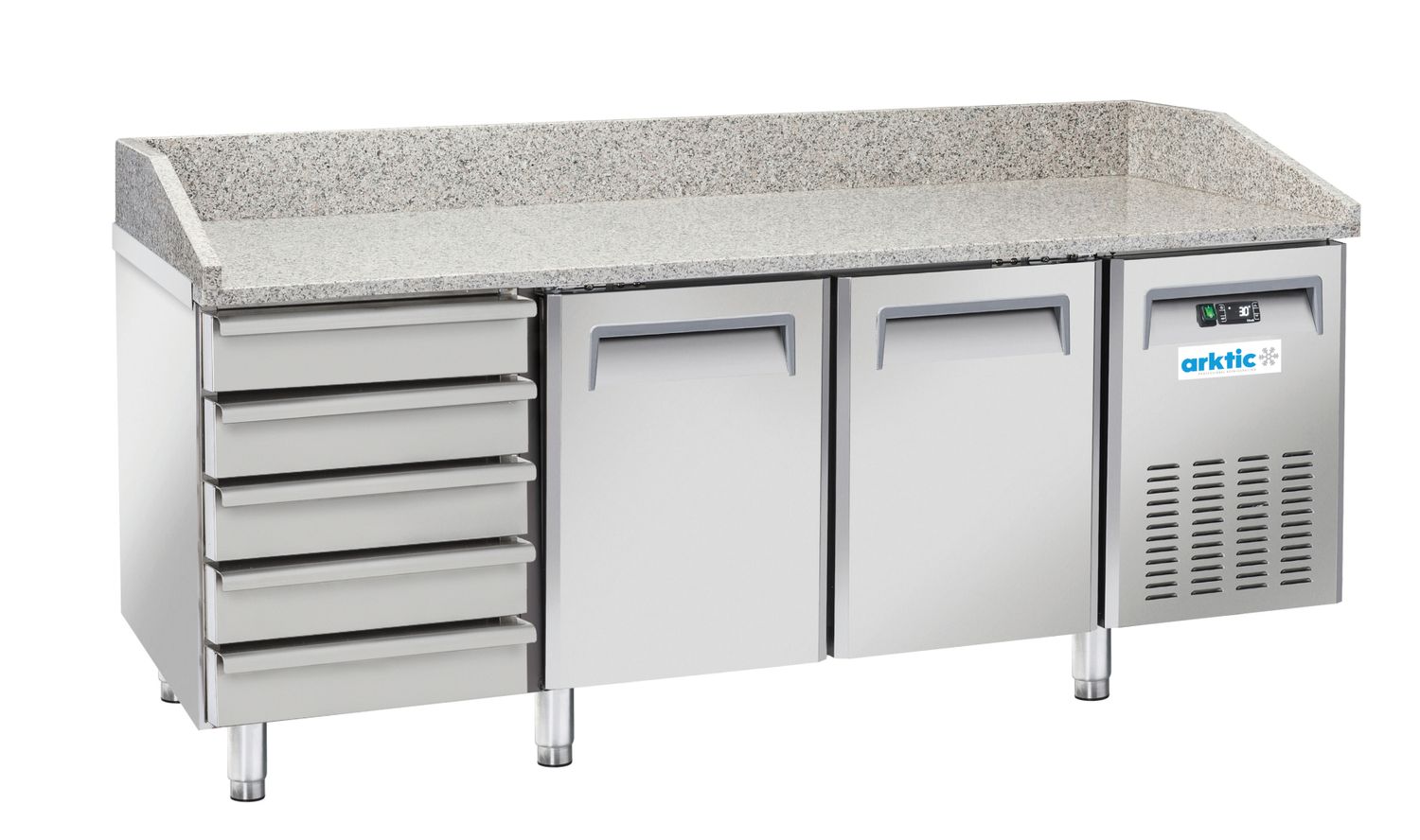 Stół chłodniczy do pizzy 2-drzwiowy z 5 szufladami i blatem granitowym, Arktic, 362L, srebrny, 230V/210W, 2025x800x(H)1040mm