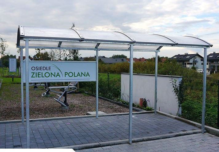 Wiata rowerowa "Zorza" zadaszona, na 10 rowerów, 420 cm, z reklamą