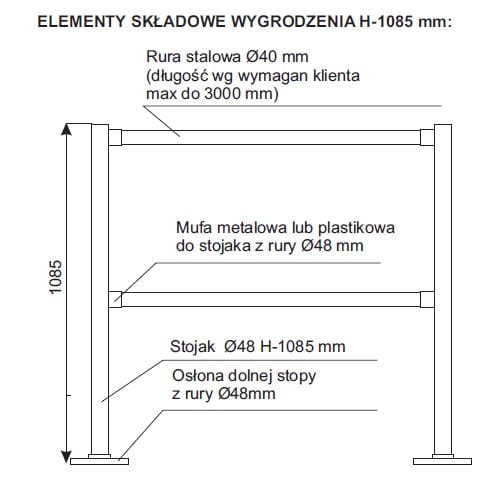 Słupek stojak Ø 48 mm, chromowany, element wygrodzenia barierki gr.: 2 mm 1,08mb
